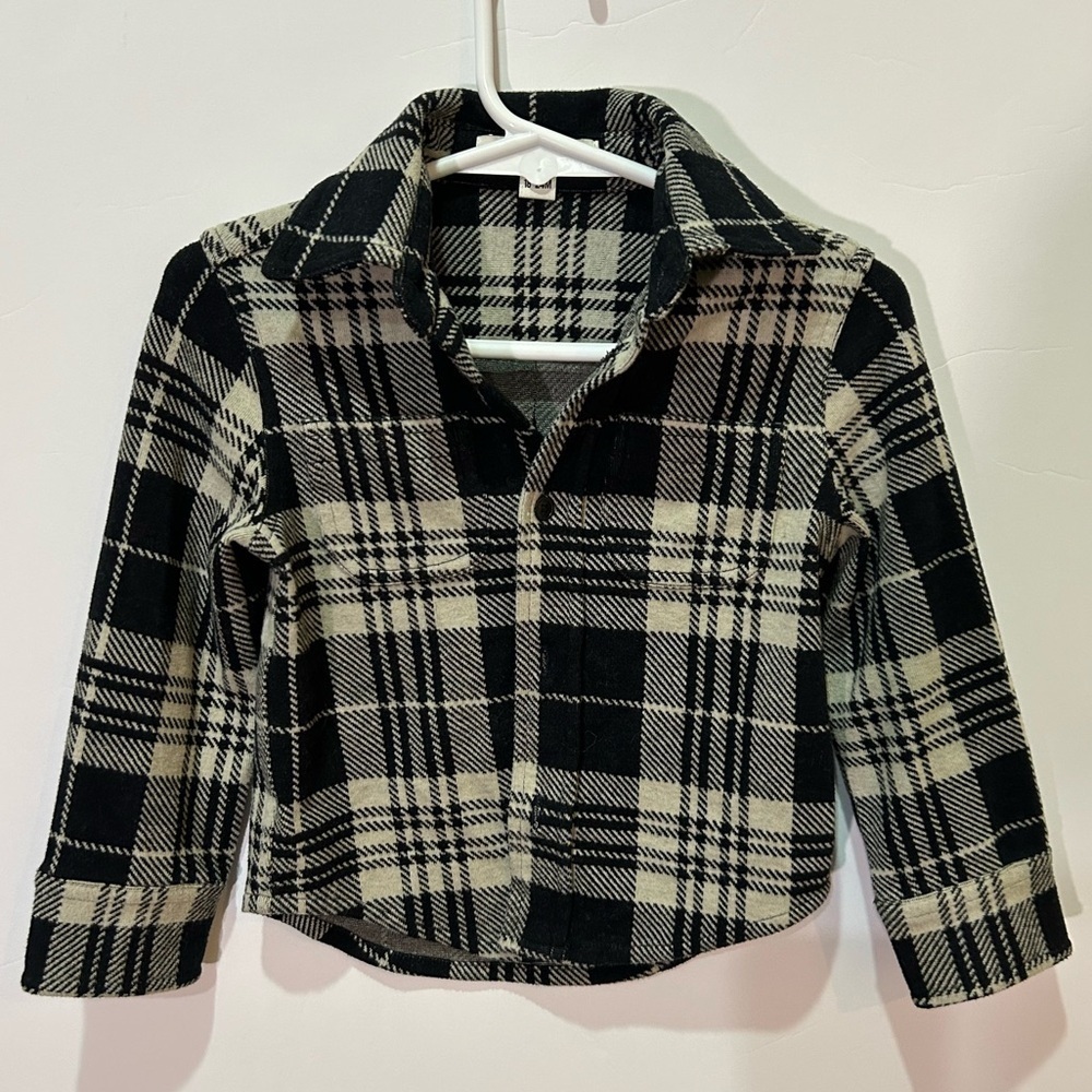 Quince Kids Plaid Button Down Shirt - Black and Cream 18-24 months